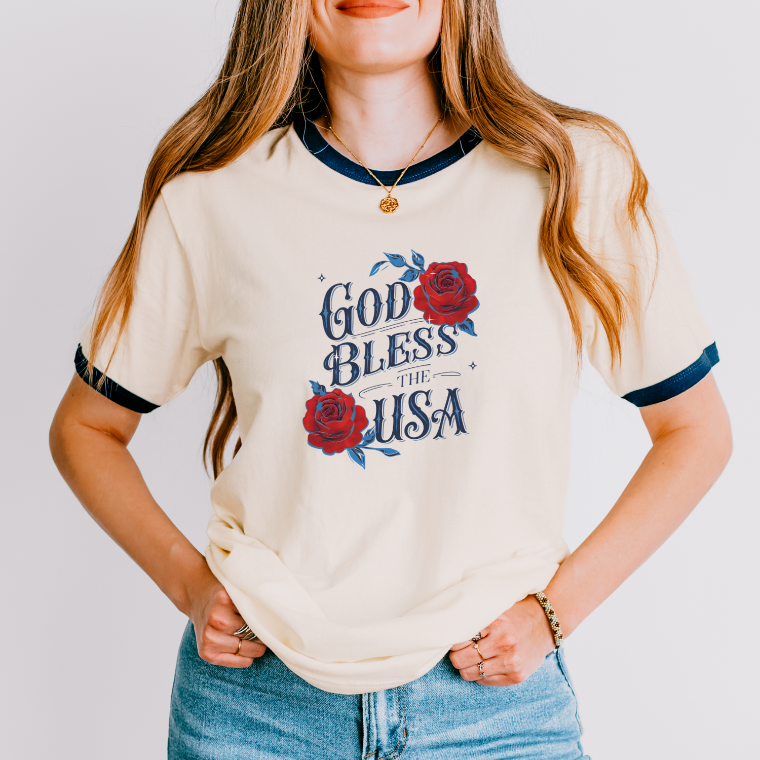 God Bless The USA Roses Ringer Tee